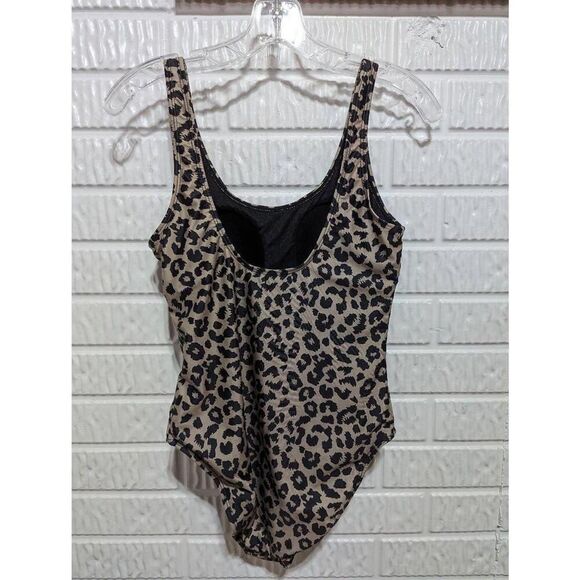 Nicole Miller Women's Black Beige Leopard Print Spot One Piece Swim Suit Medium - Picture 2 of 7